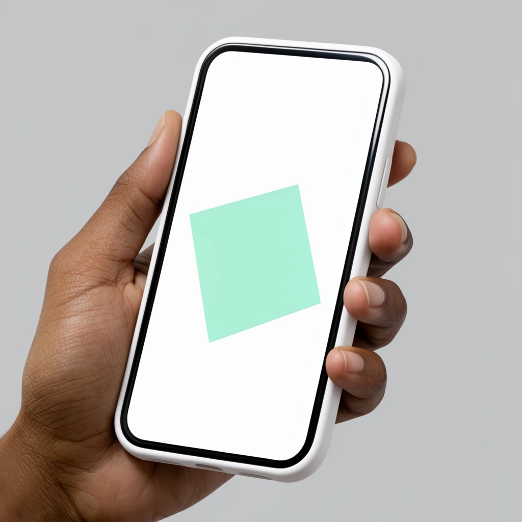 close-up of a hand holding a modern white smartphone, medium-dark skin tone, fingers gripping the right edge, device features a bright white screen with a central mint green geometric shape, white phone case, thin black screen bezel, solid light grey background, clean minimalist studio lighting, sharp focus on the screen, soft shadows on the hand, modern aesthetic