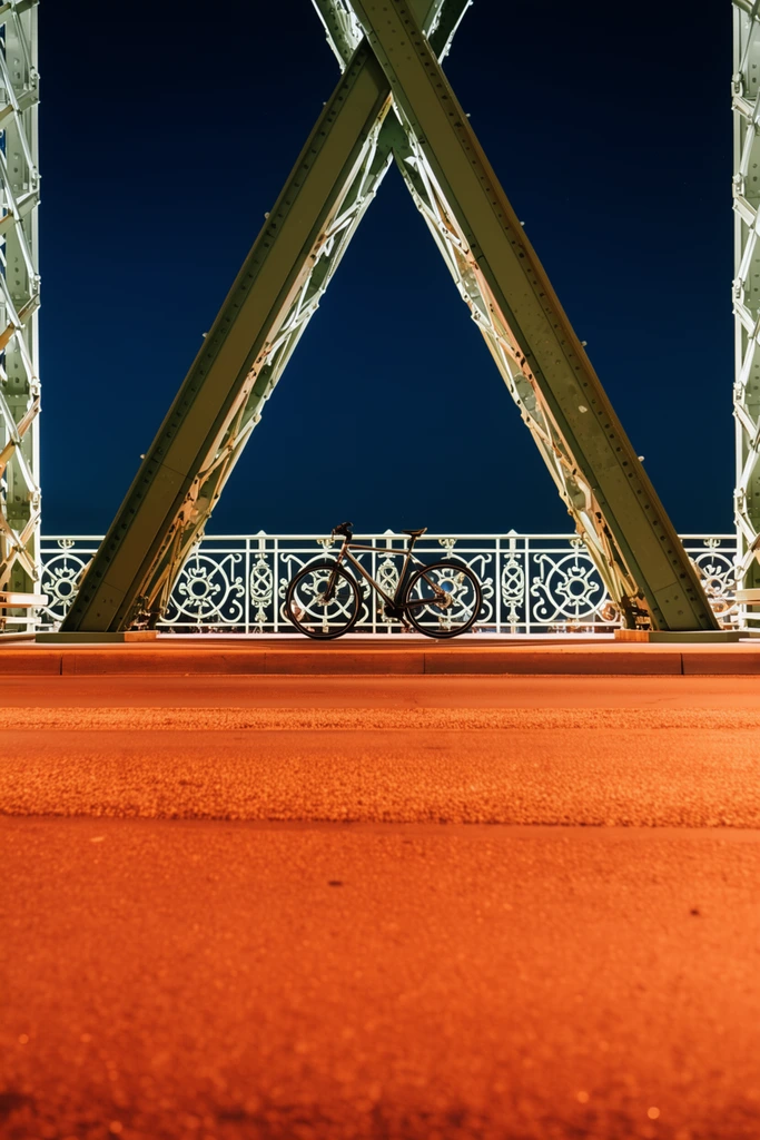 A dark bicycle sits perfectly framed between massive green riveted steel diagonal bridge beams. Silhouetted against an ornate white metal railing and deep blue night sky, the symmetrical scene features an expansive textured asphalt foreground bathed in striking, warm orange artificial light.