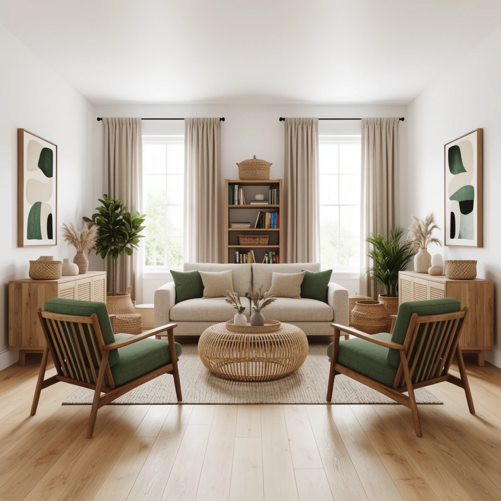 symmetrical modern boho living room, two green wooden armchairs, round rattan coffee table, beige sofa, tall windows with beige curtains, wooden sideboards, tall bookcase, abstract wall art, woven baskets, potted plants, light oak floor, bright natural lighting, 3D rendering