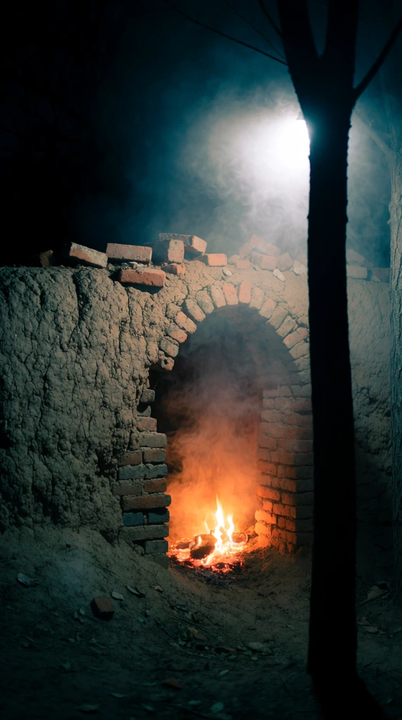 A crumbling mud and red brick archway encloses a glowing orange fire in a misty nocturnal scene. Loose bricks rest atop the uneven wall beneath a bright white light piercing thick smoke. A dark tree trunk vertically divides the right foreground. Cinematic low-key lighting blends cool cyan illumination on the rough clay with warm radiating embers against pitch-black surroundings.