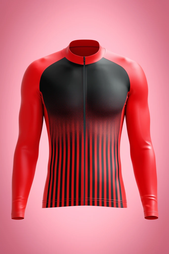 A 3D render of a form-fitting, long-sleeved athletic racing jersey with a full front zipper. The bright red garment features a black torso panel with a fading halftone dot gradient and alternating vertical red and black stripes on the lower abdomen. Presented as an invisible-mannequin apparel mockup, it floats against a smooth pink radial gradient background. Symmetrical studio lighting highlights the synthetic sheen of the performance fabric.