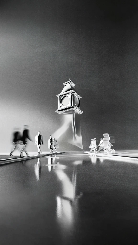 dramatic black and white photography, high-contrast monochrome aesthetic, a towering clock tower centered at the far end of a minimalist urban street, blurred silhouettes of pedestrians moving along the sidewalks, sleek wet pavement with a mirror-like glossy reflection of the street scene, deep velvety blacks and brilliant white highlights, vast negative space in the upper third, moody cinematic lighting, sharp architectural lines, sophisticated and high-end brand agency style.