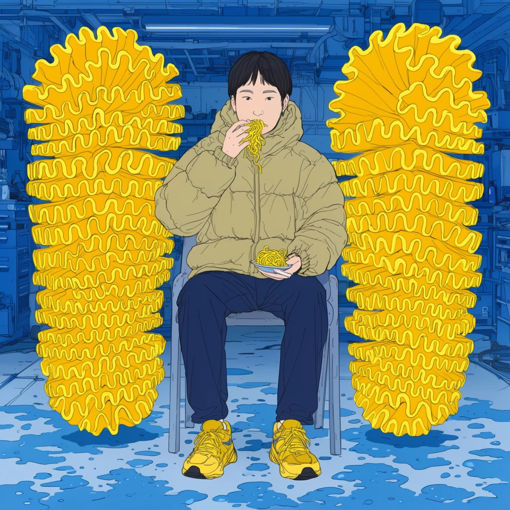 person sitting on a chair eating yellow tendrils, flanked by giant surreal yellow crinkle-cut structures, wearing a puffy jacket, blue mechanical garage background, ground puddles, 2D illustration, clear linework, vibrant yellow and cool blue palette