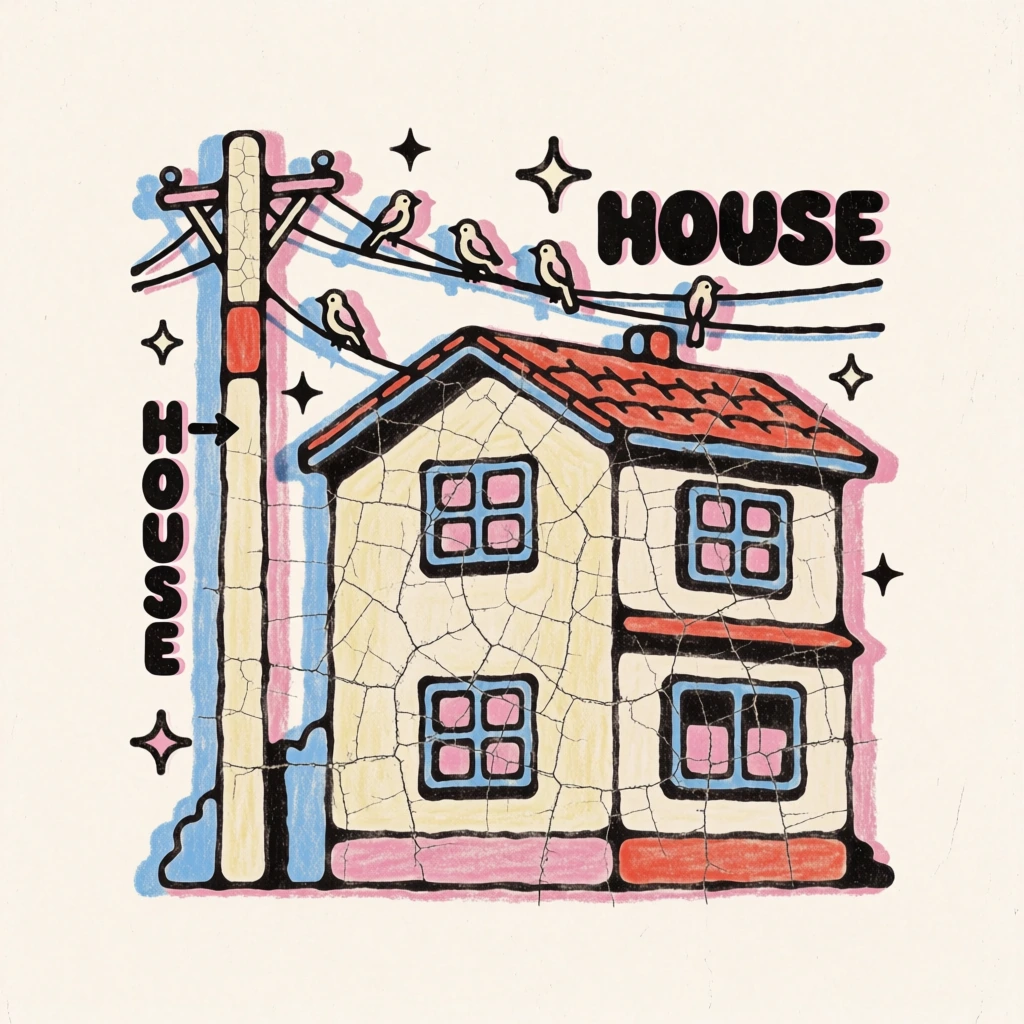 flat graphic illustration of a two-story house and utility pole with birds perched on wires, rendered in a vintage y2k-inspired distressed aesthetic, thick chunky hand-drawn black outlines with wobbly edges, a muted pastel color palette of cream, dusty rose, and baby blue, misaligned offset coloring, heavy cracked and weathered texture overlay resembling a vintage screen-print, bold bubble-style typography, whimsical stars, minimalist composition on a clean off-white background
