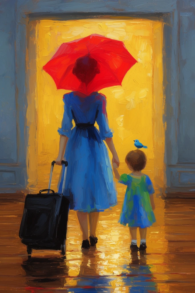 impressionist painting of a woman and child seen from behind holding hands, woman in a blue dress holding a radiant red umbrella and a black rolling suitcase, small blue bird perched nearby, child in a blue and green dress, glossy wooden floor with bright golden reflections, glowing yellow doorway, thick impasto brushstrokes, vivid colors