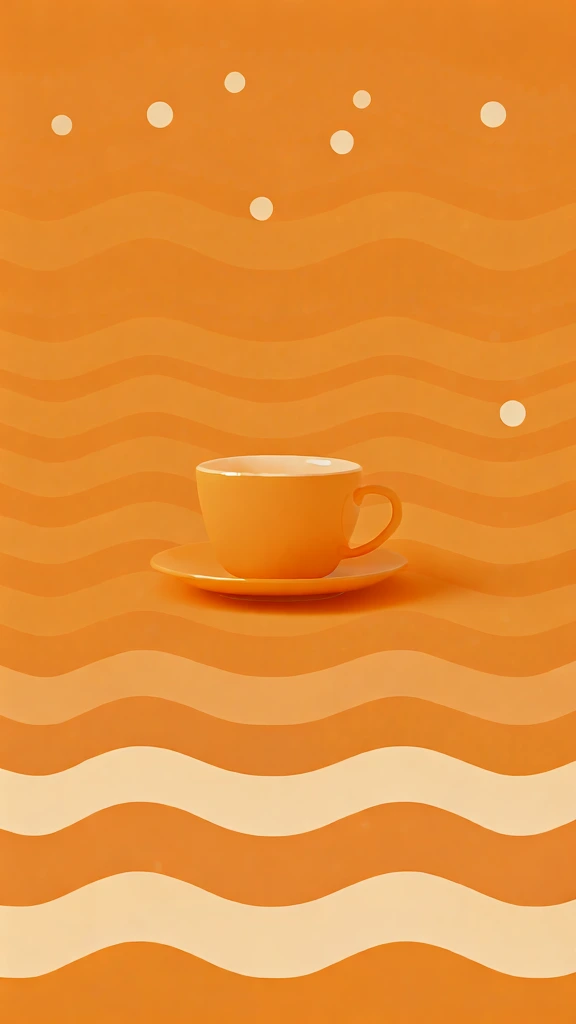 ceramic teacup on a matching saucer centered atop a graphic pattern of alternating horizontal wavy bands, minimalist mid-century aesthetic, warm vibrant orange background, soft cream-colored accents, clean vector-style lines, matte finish, elegant studio lighting, uniform color palette reflecting retro sophistication, flat design approach, smooth ceramic textures, consistent rhythmic flow of undulated lines, contemporary high-contrast graphic composition, playful geometric arrangement.