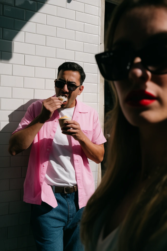 candid street photo in harsh cinematic sunlight, sharply focused midground man eating from a small cup, unbuttoned pink short-sleeve shirt over a white tee, leaning against a sunlit white tiled wall with dramatic shadows, heavily blurred foreground woman on the right edge cast in deep shadow, red lipstick, dark sunglasses, voyeuristic high-contrast composition