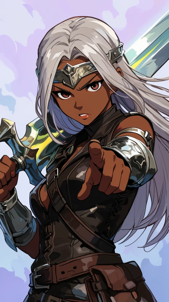 A stylized anime illustration of a fierce young warrior woman with dark skin and long flowing silver hair wearing a metallic circlet. She is dressed in a dark leather vest and silver gauntlets. She rests a giant glowing greatsword over her right shoulder while pointing her left hand directly at the viewer with an intense expression. The background consists of soft abstract pale lavender and light blue cloud shapes. The artwork features crisp cel shading, bold line work, and a vibrant color palette.
