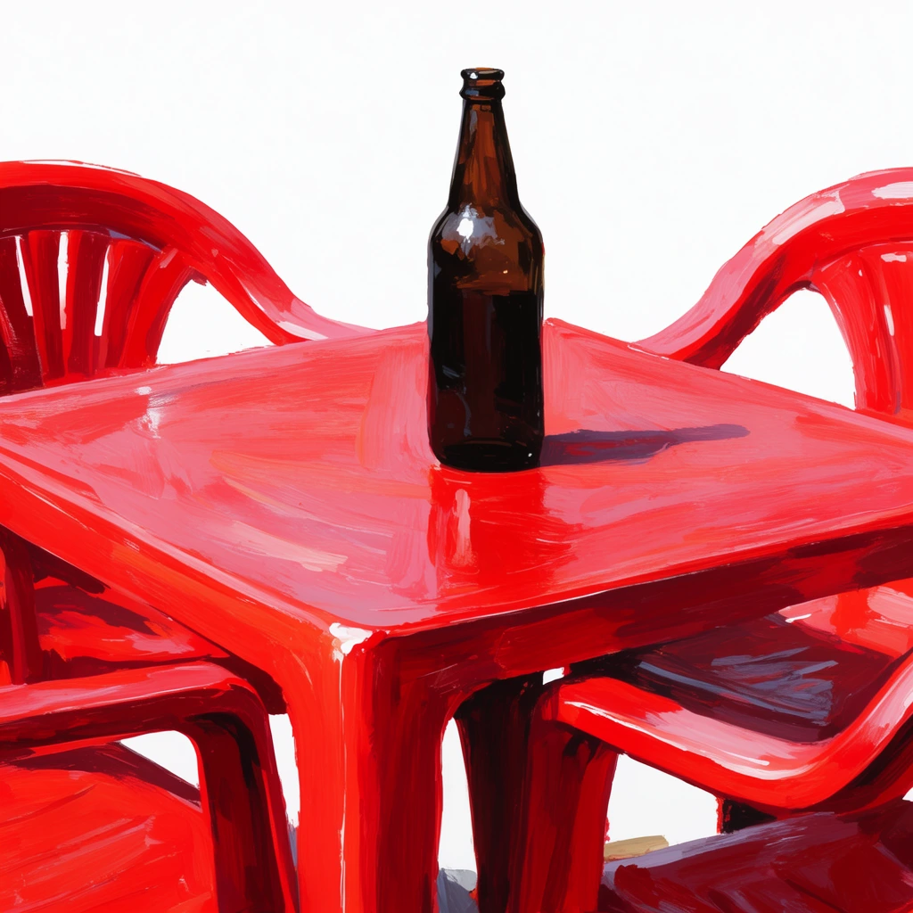 vibrant red painted plastic square table and curved chairs, single dark brown glass bottle, thick expressive acrylic brushstrokes, white glossy highlights, stark plain white background