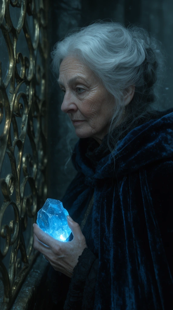 elderly woman with silver hair, heavy velvet cloak, holding glowing blue crystal, looking through ornate brass grating, cold cinematic lighting, dark background