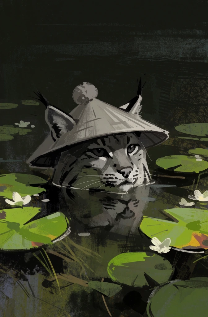 wild cat head wearing a conical hat with a pom-pom, submerged in dark murky water, surrounded by floating green lily pads and small white flowers, painterly digital art style with rough expressive brushstrokes, moody and somber atmosphere, dark olive and charcoal color palette, high-texture finish, centered composition, reflections and distorted textures, sketchy and gritty aesthetic, moody lighting with deep shadows, hints of dry grass and reeds, impressionistic layering