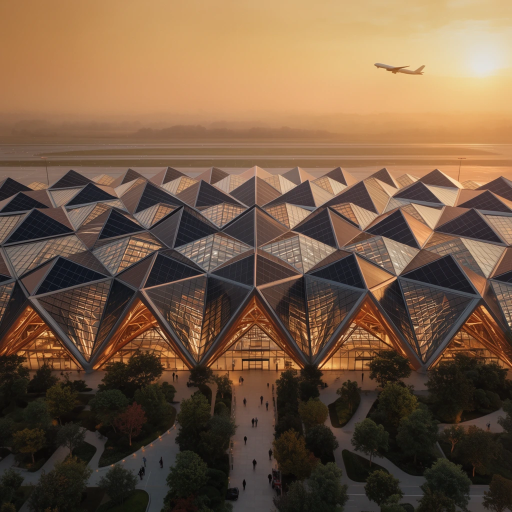 A sprawling modern airport terminal features a tessellated roof of intersecting triangular peaks against a hazy amber sunset. The geometric canopy alternates between dark solar panels and transparent glass, glowing with warm interior lighting to reveal deep structural trusses. A landscaped foreground plaza contains lush trees, paved walkways, and tiny silhouetted people approaching the entrance. Beyond the striking building, flat runways stretch into a misty horizon as an airplane ascends into the soft sky. The elevated, wide-angle perspective highlights the architectural symmetry bathed in rich golden-hour light.