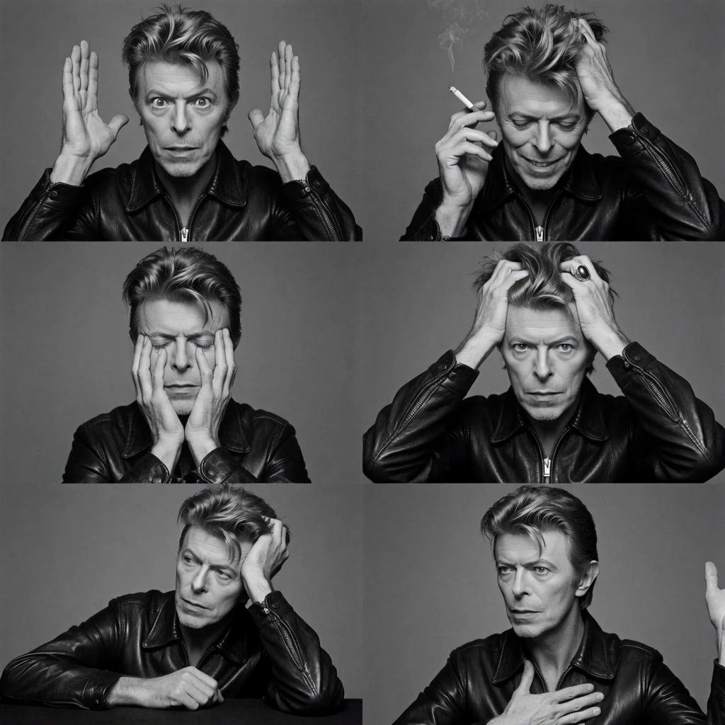 Six monochrome studio portraits of David Bowie are arranged in a two-column, three-row grid, capturing various expressive poses and gestures against a solid gray background. In the top-left frame, Bowie faces forward with a wide-eyed, intense expression, his hands raised palms-inward on either side of his head, which features voluminous, messy hair. He wears a dark, zippered leather jacket. In the top-right frame, he looks downward with a slight smile, holding a lit cigarette in his right hand near his ear while his left hand rests in his hair. The middle-left frame shows him with eyes closed, his face cradled between both hands as his fingers touch his temples and jaw. In the middle-right frame, he stares directly into the camera with a serious gaze, his hands gripping his hair from the sides, and a large ring is visible on his right hand. The bottom-left panel depicts him leaning his head on his left hand, looking off to the side with a contemplative expression, his right arm resting on a dark surface in front of him. In the final bottom-right panel, his hair is styled more smoothly away from his forehead; he looks toward the left of the frame while holding his right hand over his chest and his left hand raised out of view. The lighting across all panels is consistent, featuring soft, directional studio light that creates gentle shadows on his face and emphasizes the texture of the leather jacket. The photography style is high-contrast black and white, emphasizing the subject's features and emotive performance.