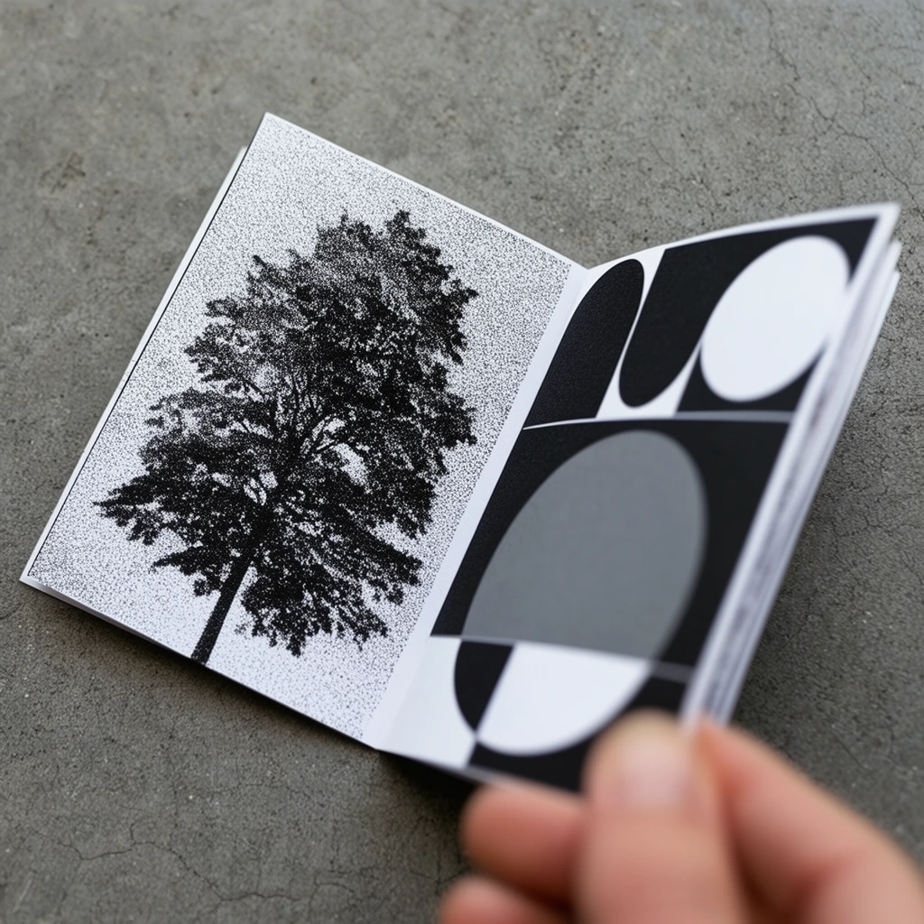 open zine on textured gray concrete, coarse black and white halftone print of a tree on the left page, abstract geometric patterns with circles on the right page, heavily blurred fingertips holding the bottom right edge, angled top-down perspective, shallow depth of field, crisp monochrome graphic design, diffused lighting