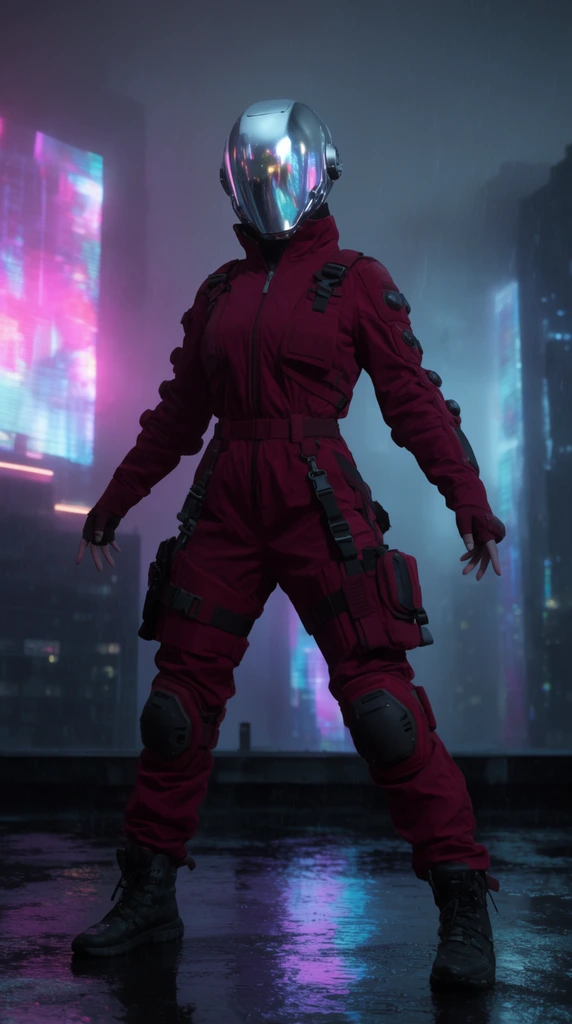 A female figure stands defiantly on a rain-slicked cyberpunk rooftop. She wears a matte crimson tactical jumpsuit with heavy utility padding and a sleek silver full-face visored helmet reflecting vibrant neon lights. Her wide stance and slightly extended arms convey readiness. The background consists of dark skyscrapers shrouded in thick atmospheric fog and falling rain, illuminated by harsh magenta and cyan holographic glows. The composition features high-contrast cinematic lighting and a moody futuristic aesthetic.