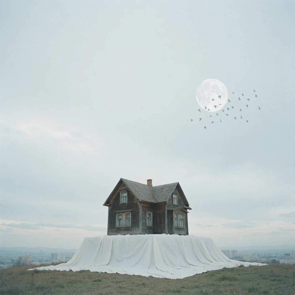 wide-angle cinematic shot, centered composition, weathered wooden house placed on a voluminous white draped cloth on a grassy hilltop, birds flying toward a large pale moon, vast overcast sky filling the frame, muted desaturated color palette of pale blues and greys, soft diffuse lighting, hazy distant city skyline, surreal contemplative atmosphere, high-key exposure with low contrast, filmic grain, minimalist aesthetic, ethereal landscape photography style.