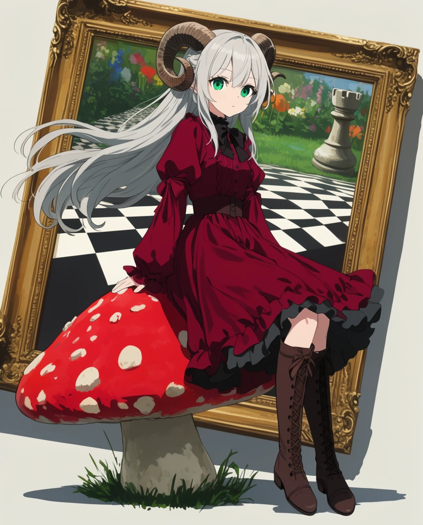 A silver-haired anime girl with curved ram horns leans against a giant red-and-white mushroom beside a tilted ornate golden picture frame. She has emerald eyes and wears a crimson Victorian dress with puff sleeves and laced boots. Her long hair blows sideways. The framed painting behind her depicts a surreal garden with a black-and-white checkered path and a stone rook chess piece. Rendered in a crisp, cel-shaded anime style with flat, diffused lighting and distinct drop shadows on a minimal background.
