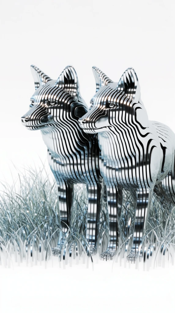 Two foxes situated in a patch of grass are constructed entirely from evenly spaced, reflective metallic slices against a pure solid white background. The bodies of the animals are formed by precise, parallel horizontal and vertical layers of glossy, chrome-like material separated by narrow hollow gaps, generating a 3D parametric structural effect. They stand side by side, their anatomical contours defined by the undulating outer edges of the metallic ribbons. Surrounding their paws, the grass consists of thin, vertically oriented curved metallic bands rising upwards. Intensely bright, high-contrast studio lighting casts sharp white specular highlights along the polished ridges of the metallic layers, while deep black shadows fill the interior recesses of the overlapping forms. A subtle icy cyan and cool blue tint catches the reflections across the silver surfaces. The composition is centrally isolated in a brilliant high-key environment, with the lowermost edges of the metallic grass fading smoothly into the stark white space, rendered with pristine, photorealistic architectural visualization techniques.