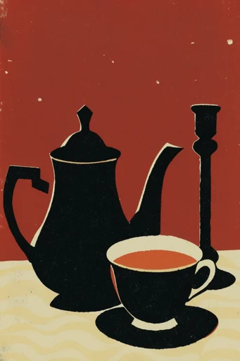 Modern Terracotta Noir style reference image — linocut print texture