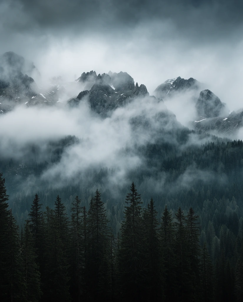 A moody mountain landscape heavily shrouded in thick fog and overcast clouds. Jagged, rocky peaks with sparse patches of snow emerge through heavy layers of dense white mist drifting across the midground. Below the ethereal peaks, an expansive forest of dark coniferous trees anchors the scene, with sharp pine silhouettes rising in the immediate foreground. The cinematic nature photography features a cool, muted color palette of deep forest greens, charcoal greys, and stark whites. A compressed perspective emphasizes atmospheric depth, contrasting the solid, darkened treeline against the floating, craggy summits under a brooding sky.
