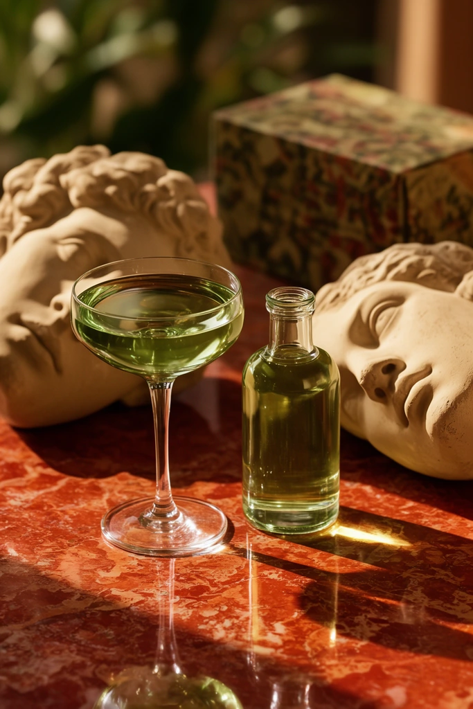 tall coupe glass holding pale green liquid, short cylindrical glass bottle with matching liquid, glossy rust-red mottled marble surface, beige plaster casts of classical sculpted faces resting horizontally, warm golden hour sunlight casting sharp dramatic shadows, shallow depth of field, blurred patterned box, soft foliage in background, rich warm color palette of amber, olive green, terracotta, high-end beverage photography, crisp bright reflections