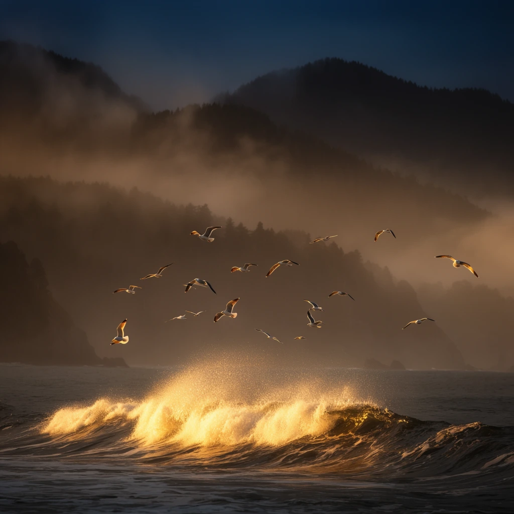 A cresting ocean wave shatters into a glowing spray of foam, strongly backlit by intense golden sunlight. A scattered flock of seagulls soars through heavy atmospheric mist above the dark ocean swell, their wings catching warm, luminous highlights. Behind the dynamic surf, imposing forested hills rise into a moody, deep-blue sky, shrouded in thick layers of sepia-toned coastal fog. The dramatic landscape photography emphasizes the stark contrast between the brilliantly illuminated turbulent water and the deep, shadowed silhouettes of the mountainous background.