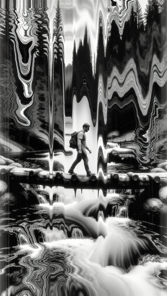 high-contrast black and white, vertical slit-scan distortion, liquid melting effect, grainy analog film texture, surreal psychedelic atmosphere, one man with a backpack crossing a log bridge over a rushing river, vertically stretched silhouettes, warped reflections in churning water, deep shadows, blown-out highlights, fluid glitch aesthetics, overlapping transparent layers, eerie rippling patterns, chaotic motion blur, experimental film noir style.