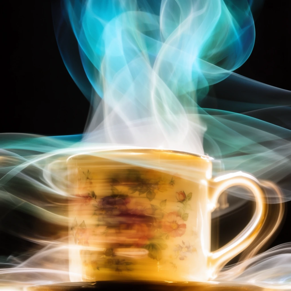 A mug with floral designs and rising steam rendered through kinetic, long-exposure light trails against a pitch-black void. The central vessel is illuminated by intense, warm golden and amber luminescence, its delicate floral surface patterns partially smeared into fluid lateral streaks of motion blur. Ascending from the rim, the steam manifests as massive, ethereal ribbons of brilliant cyan, glowing teal, and sheer white light. These translucent, silk-like veils of energy wave and intertwine dynamically across the dark composition, wrapping around the mug and radiating outward in sweeping, aerodynamic curves. The pure black background heavily contrasts with the radiant, overlapping layers of gossamer light folds, producing a surreal, highly energetic visual characterized by slow shutter speed light painting, vibrant spectral gradients, and phantom-like, flowing illumination.