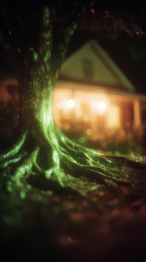A large tree with thick, sprawling exposed roots standing beside a house at night, captured with an extreme tilt-shift lens effect that creates a pronounced miniature diorama aesthetic. Intense, glowing neon green lighting sharply illuminates the deeply textured bark and winding roots in the midground, casting deep, high-contrast shadows across the ground. In the soft-focus background, the house emanates a warm, diffused golden-orange incandescent glow, producing large, luminous circular bokeh orbs in the surrounding darkness. The composition features an extremely shallow depth of field and a heavy, dark vignette, heavily blurring the immediate foreground and outer edges to isolate the intensely lit tree base. The color palette is dominated by deep blacks, vibrant neon greens, and rich ambers, rendered with a dreamy, cinematic atmosphere, glossy surface reflections, and subtle photographic grain.