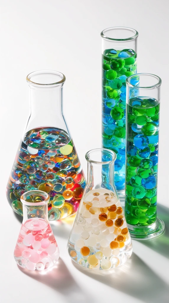 Five clear glass laboratory vessels rest on a stark white surface under bright, high-angle studio lighting. Three Erlenmeyer flasks and two tall cylinders contain liquid and vibrant, translucent spherical gel beads. The largest flask holds a multicolored mix, while smaller flasks display pink, white, and amber spheres. Two tall cylinders are densely packed with brilliant green and blue orbs. Crisp reflections curve along the glass, casting soft diagonal shadows that highlight the intricate refractive optics of the submerged colorful contents.