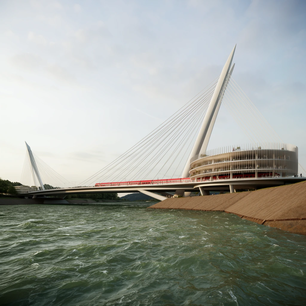 modern cable-stayed bridge spanning a choppy green river, angled white pylons, sweeping suspension cables, circular slatted multi-level waterfront structure, red train on a lower transit deck, sloped earthen levee, realistic 3D architectural visualization, soft daylight, wide-angle perspective