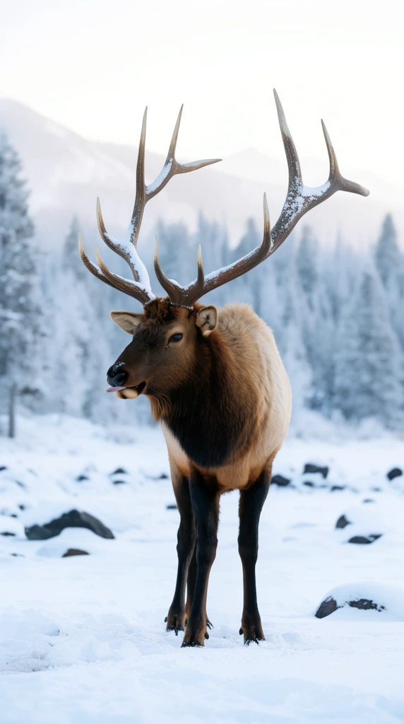 A large bull elk stands in a bright, snow-covered landscape. The elk has a thick dark brown mane, tan body, slender black legs, and massive, multi-tined antlers dusted with snow, its tongue slightly protruding. It stands on pristine white snow dotted with dark rocks. A softly blurred background reveals frosted evergreen trees and pale mountain silhouettes under an overcast sky. Captured with a shallow depth of field and cool, soft winter lighting.