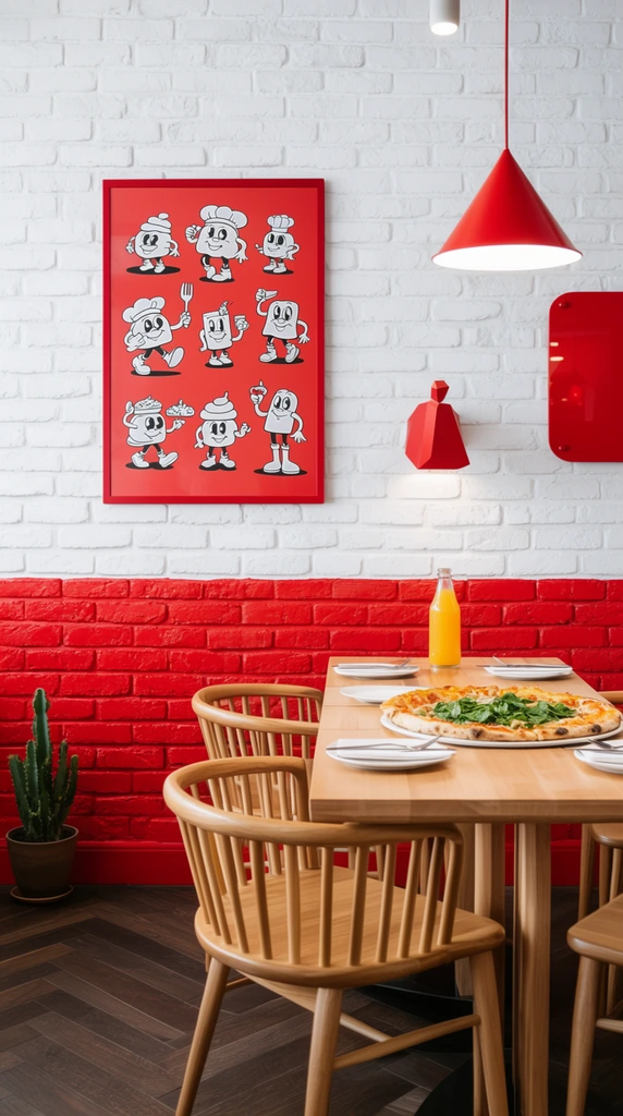 A brightly lit restaurant interior defined by a striking red and white color palette. A light wood dining table surrounded by curved, slatted wooden chairs sits in the foreground on a dark brown herringbone floor. The table is set with a large pizza topped with green leaves, white plates, silverware, and a glass bottle of orange liquid. Behind the dining area, a textured brick wall is painted white on the top half and vibrant red below. A framed red poster featuring retro black-and-white cartoon illustrations of food characters hangs on the white brick. A red cone-shaped pendant light drops from the ceiling, complementing a red geometric wall lamp and a glossy red wall plaque. A small potted green cactus sits on the floor to the left. Crisp, even lighting enhances the clean, graphic architectural lines and vivid contrasting colors.