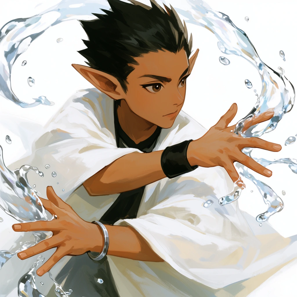 A dynamic digital painting of a tanned elf character manipulating swirling streams of water against a stark white background. The figure features spiky black hair, prominent pointed ears, and focused brown eyes looking right. They wear a voluminous white robe over a dark undershirt, a black wristband, and a silver bangle. Outstretched hands with splayed fingers actively direct curving ribbons and splashing droplets of clear, reflective water floating in mid-air. The artwork highlights a painterly anime aesthetic with expressive brushstrokes defining the crisp clothing folds and fluid water transparency. Bright lighting casts soft shadows across warm skin tones, while the tightly cropped waist-up composition emphasizes the energetic motion of the pose.