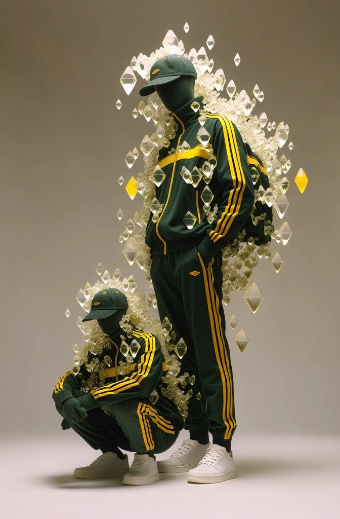 minimalist high-fashion editorial photography, featuring a tall elongated stick figure and a smaller stick figure squatting, dressed in forest green tracksuits with yellow stripes, matching caps, and white sneakers, surrounded by an abundance of floating translucent diamond-shaped shards, clean studio lighting, neutral beige background, surrealist streetwear aesthetic, sharp focus, deep forest green and vibrant yellow color palette