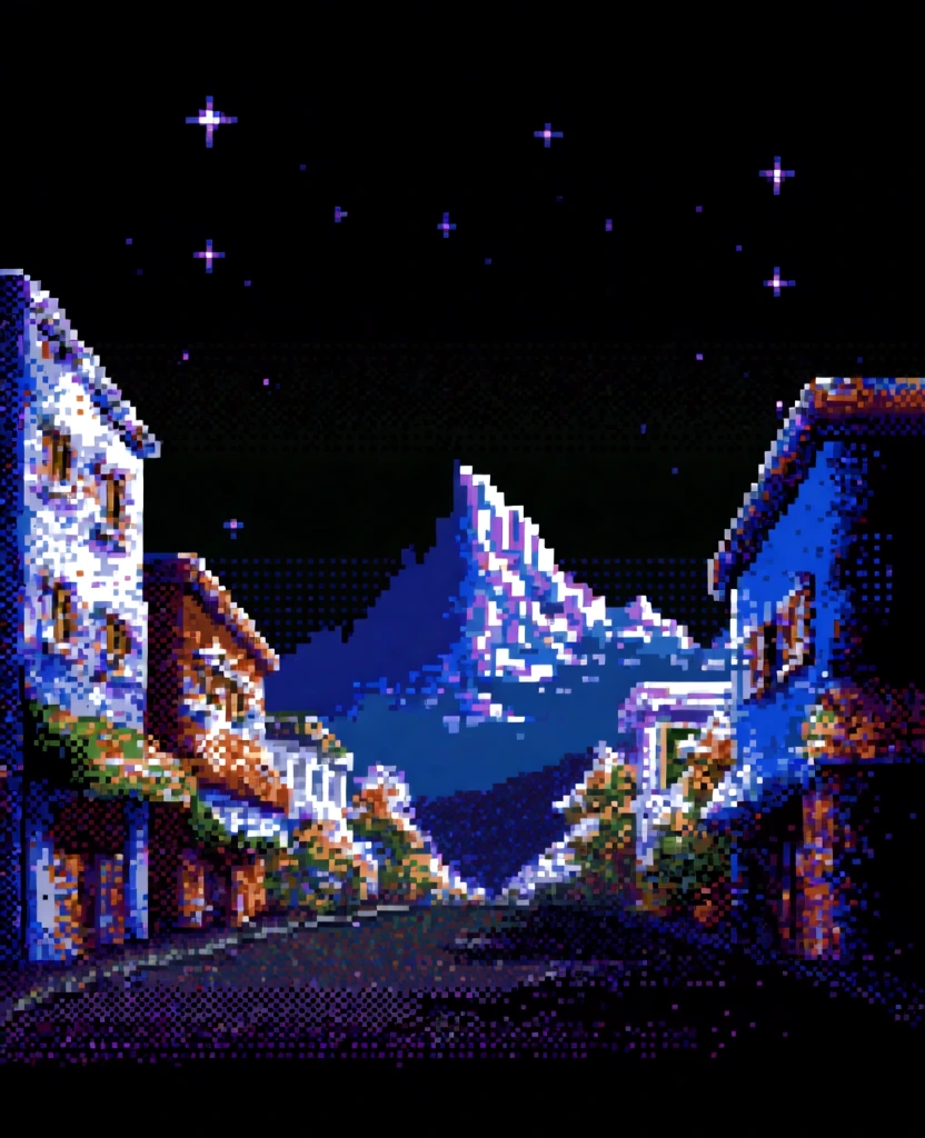 pixel art aesthetic, 8-bit retro gaming style, heavy dithering technique for shading, limited color palette with deep blacks, vibrant blues, earthy oranges, and neon purples, a low-angle perspective of a street lined with blocky buildings, a jagged mountain peak rising in the distant background, chunky pixel textures, high contrast lighting, night sky with glowing cross-shaped stars, dithered sky gradients, sharp edges, nostalgic arcade visuals, low-fidelity resolution.