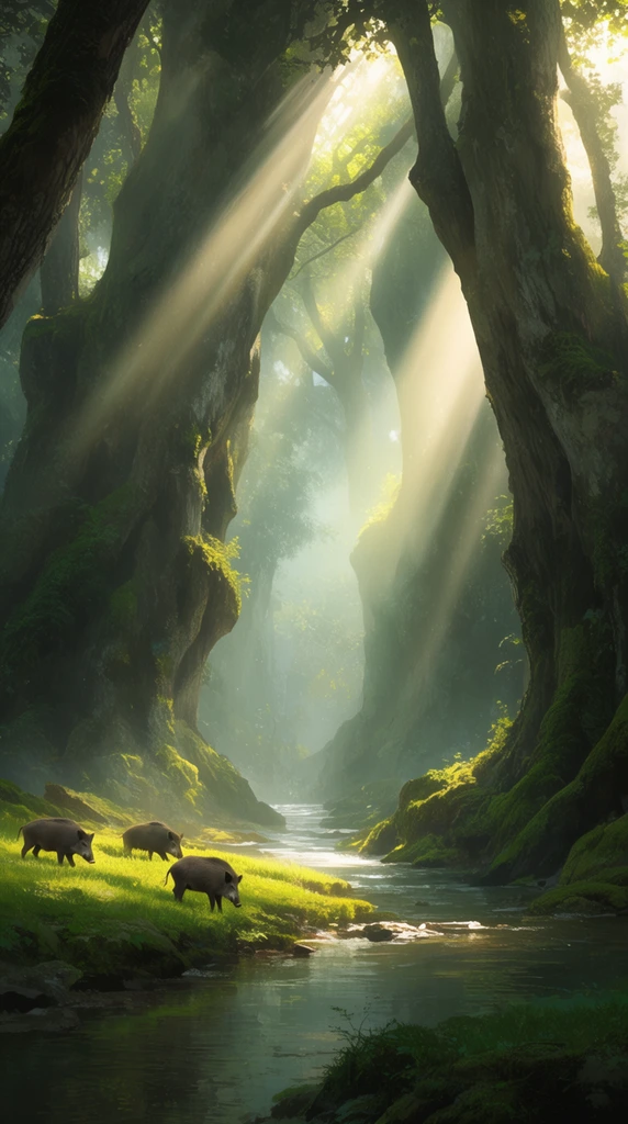 lush ancient forest, dramatic volumetric god rays, massive mossy tree trunks framing a central stream, wild boars grazing on sunlit grassy bank, glowing atmospheric mist, cinematic digital painting
