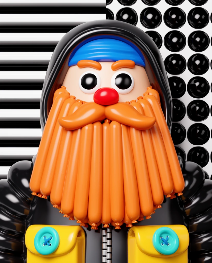 glossy 3D rendered vinyl toy character portrait, massive beard composed of vertical orange sausages, thick orange mustache, large black eyes, red nose, blue headband under a shiny black hood, ribbed black jacket, yellow chest pockets with oversized cyan buttons, split background with black and white horizontal stripes and glossy black circular indentations, bold high contrast studio lighting, vibrant colors