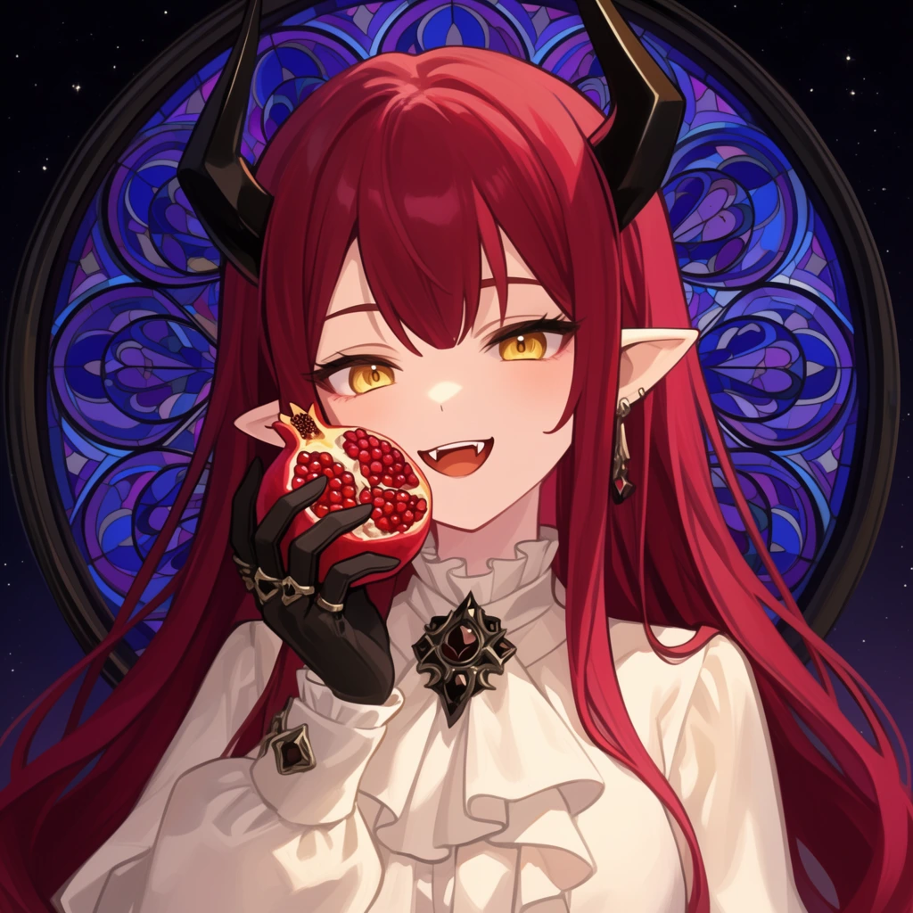 Anime-style illustration of a pale demon girl with long crimson hair, black horns, pointed ears, and golden eyes. She smiles with small fangs, holding a split pomegranate to her mouth. She wears a white ruffled blouse with a dark brooch and black gloves adorned with metallic rings. The background features an ornate circular stained-glass window in deep blue and purple tones against a starry sky. Smooth digital shading and warm lighting define the elegant composition.