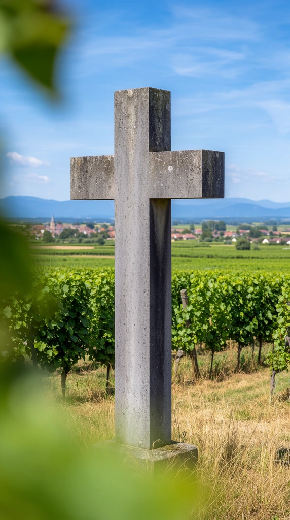 A weathered stone cross stands prominently in a vibrant agricultural landscape under a bright blue sky with wispy clouds. The gray, square-cut monument exhibits subtle mottling and mossy stains, casting a sharp shadow along its right vertical edge. It rises from patches of dry, yellowed grass, bordered by orderly rows of bright green trellised vines. In the expansive background, a distant village with red-roofed buildings and a tall spire nestles before a hazy range of blue mountains. The centered composition is framed by heavily blurred green foliage in the extreme left foreground, creating a natural vignette that draws focus to the sharply rendered cross in crisp, natural daylight.