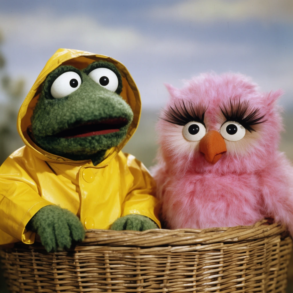 A fuzzy green reptilian puppet wearing a bright yellow raincoat sits beside a fluffy pink owl puppet inside a woven wicker basket. The green figure has wide spherical eyes and a bewildered expression, while the owl features prominent feathered eyelashes and a small orange beak. The vintage cinematic shot uses soft lighting and a shallow depth of field, blurring the sky behind them.