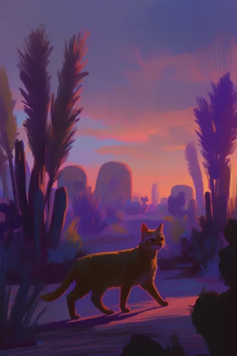Neon Frontier Surrealism style reference image — neon orange and purple highlights