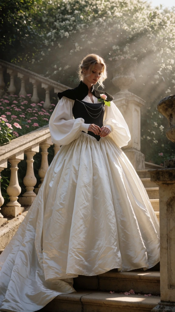 A woman in an elegant, voluminous white and black gown stands on stone garden steps, bathed in soft, ethereal sunlight filtering through dense foliage. The central figure is a fair-skinned woman with blonde hair styled in a loose updo, looking downward with a serene expression while her hands are delicately clasped in front of her waist. She wears a structured black bodice featuring a high, dark collar and thin silver chains draped across the chest, with a small pink rose and green leaves pinned to the left side. Beneath the bodice, a white blouse with exceptionally wide, billowing lantern sleeves gathered at the wrists transitions into a massive, crinkled white satin ballgown skirt that flows outward and cascades down the steps. She stands on light-colored stone stairs, flanked on the left by a classic stone balustrade with ornate balusters running along a garden edge filled with small pink flowers. To her right, a weathered stone pedestal marks the end of the stairs, and the background is composed of a thicket of green leaves and white blossoms. The image uses a low-angle perspective that emphasizes the volume of the skirt, while strong backlighting from the upper right creates distinct light shafts through the hazy atmosphere, casting a warm glow on her hair and the edges of her clothing. The color palette is dominated by neutral tones of white, black, and stone grey, contrasted with the deep greens of the garden and the soft pink of the floral accents, creating a cinematic and romantic atmosphere with a soft-focus finish.