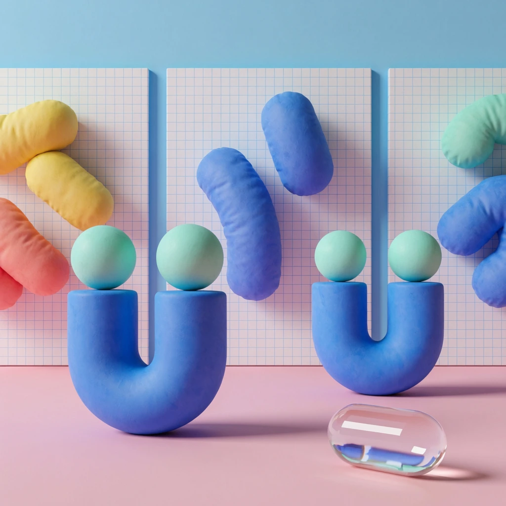3D geometric figures with blue U-shaped bodies and mint spherical heads, puffy tubular abstract shapes on gridded wall panels, transparent glossy capsule in foreground, pastel pink and sky blue gallery space, soft matte clay textures, playful minimal design, ambient studio lighting