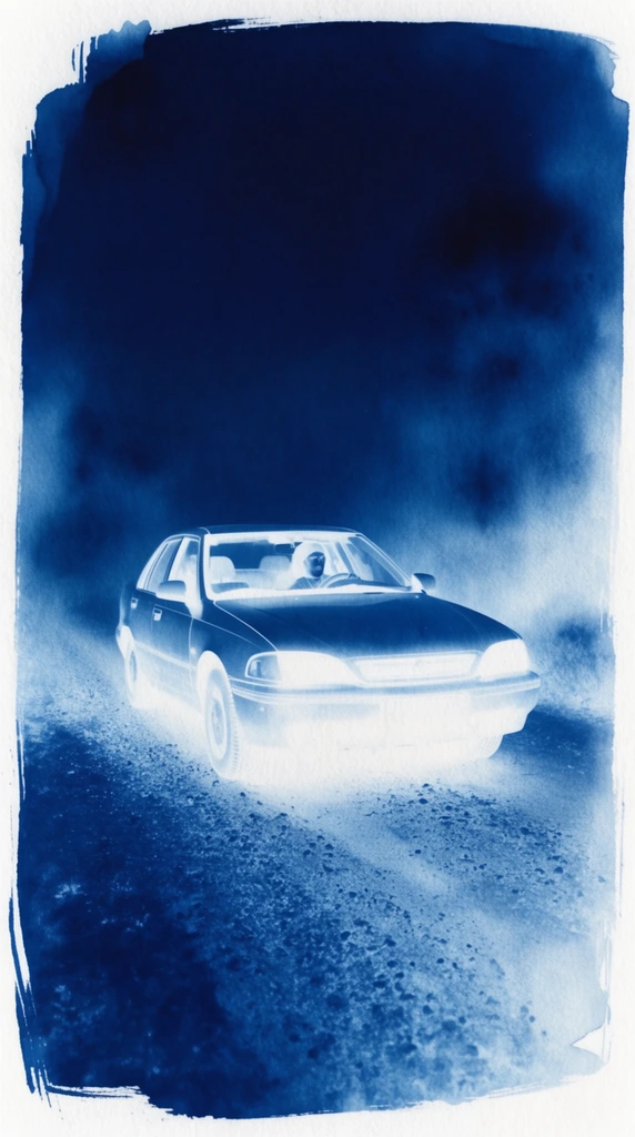 A car sits on a dirt road at night with a driver visible inside, rendered in a monochromatic cyanotype print style. The composition features a strict palette of deep Prussian blue and stark white, utilizing an inverted exposure effect. The car, driver, and textured road glow intensely white against the deep blue atmospheric background. Hazy, watercolor-like washes and heavy photographic grain fill the dark surroundings. The outer margins feature irregular, raw brushstroke borders, completing the vintage, high-contrast, ethereal aesthetic.
