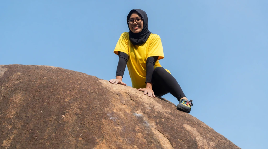 smiling woman wearing a black hijab and glasses perched atop a massive brown boulder, bright yellow t-shirt over long black sleeves, black leggings, colorful climbing shoes, hands resting on rough textured rock, clear vibrant blue sky, low angle perspective looking up, bright natural sunlight, outdoor sports photography