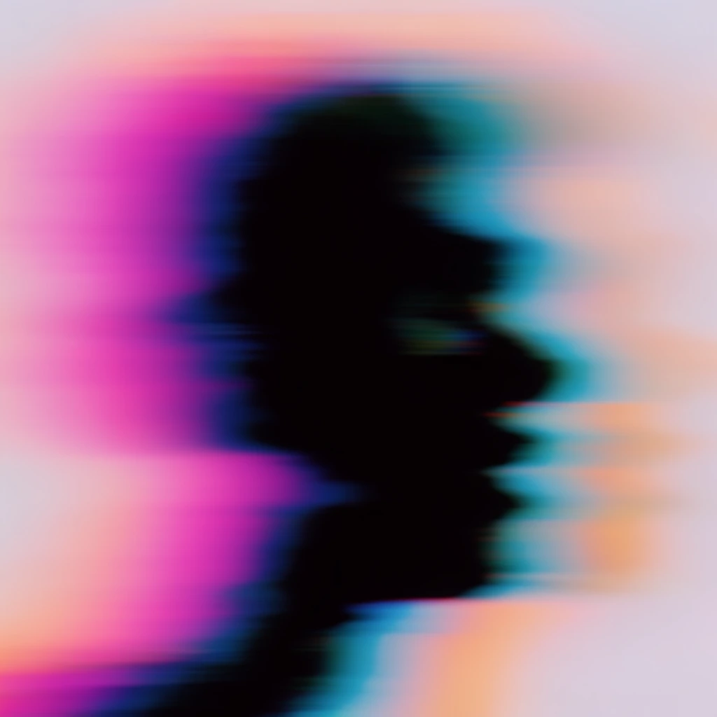 An abstract dark silhouette is heavily distorted by extreme horizontal motion blur and intense chromatic aberration. Vibrant magenta, cyan, and peach gradients bleed from the jagged black central mass into a soft, pale background, creating a surreal, hazy glitch art aesthetic.