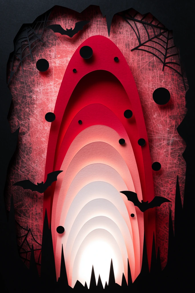 A layered papercraft diorama features a towering abstract form of concentric arches transitioning from a glowing white base to a crimson peak. Jagged black silhouettes of cavern edges, flying bats, and spiderwebs frame the scene against a distressed, scratchy reddish backdrop. Stark black floating orbs and deep shadows enhance the spooky, high-contrast theatrical composition illuminated from the bottom center.