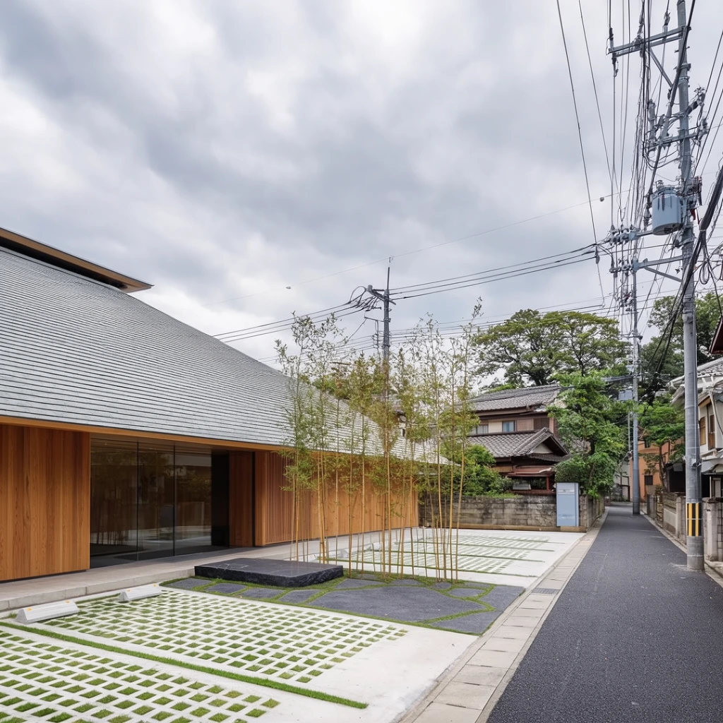 A modern building with a sweeping grey tiled roof and warm wooden facade sits beside a concrete parking lot with grid-patterned grass pavers. Thin bamboo flanks a wide glass entrance near a dark stone slab. An asphalt road stretches alongside, lined with complex utility poles, tangled wires, and traditional houses beneath mature trees under an overcast sky. Wide-angle architectural photography.