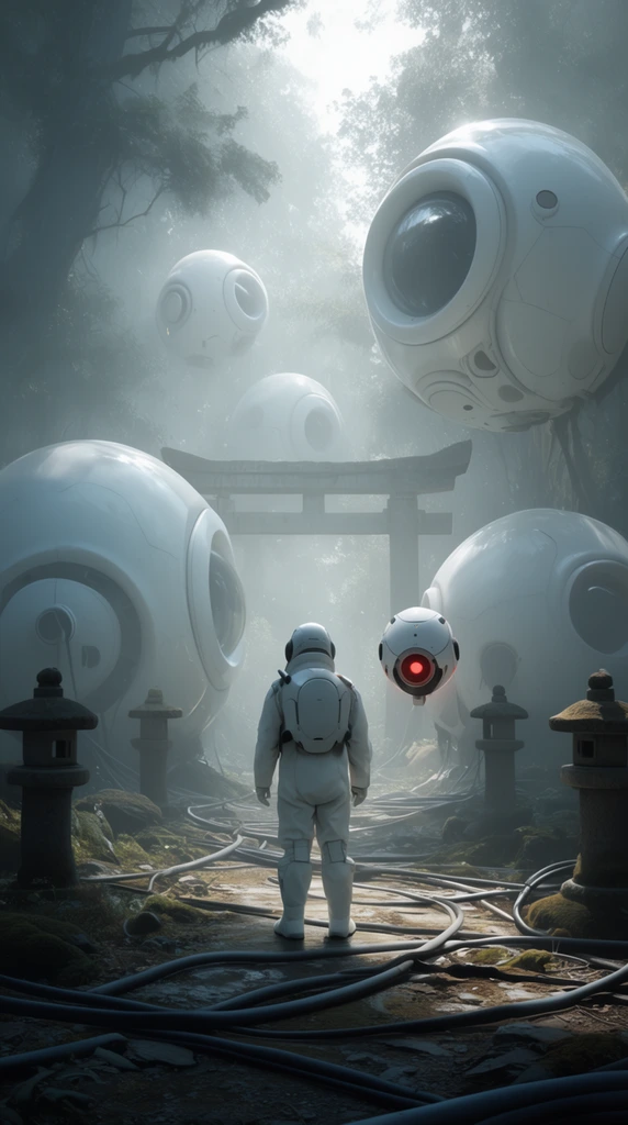 figure in white sci-fi suit facing away, floating drone with red glow, giant white spherical pods, misty forest, faint stone torii gate, scattered cables, stone lanterns, atmospheric cinematic lighting